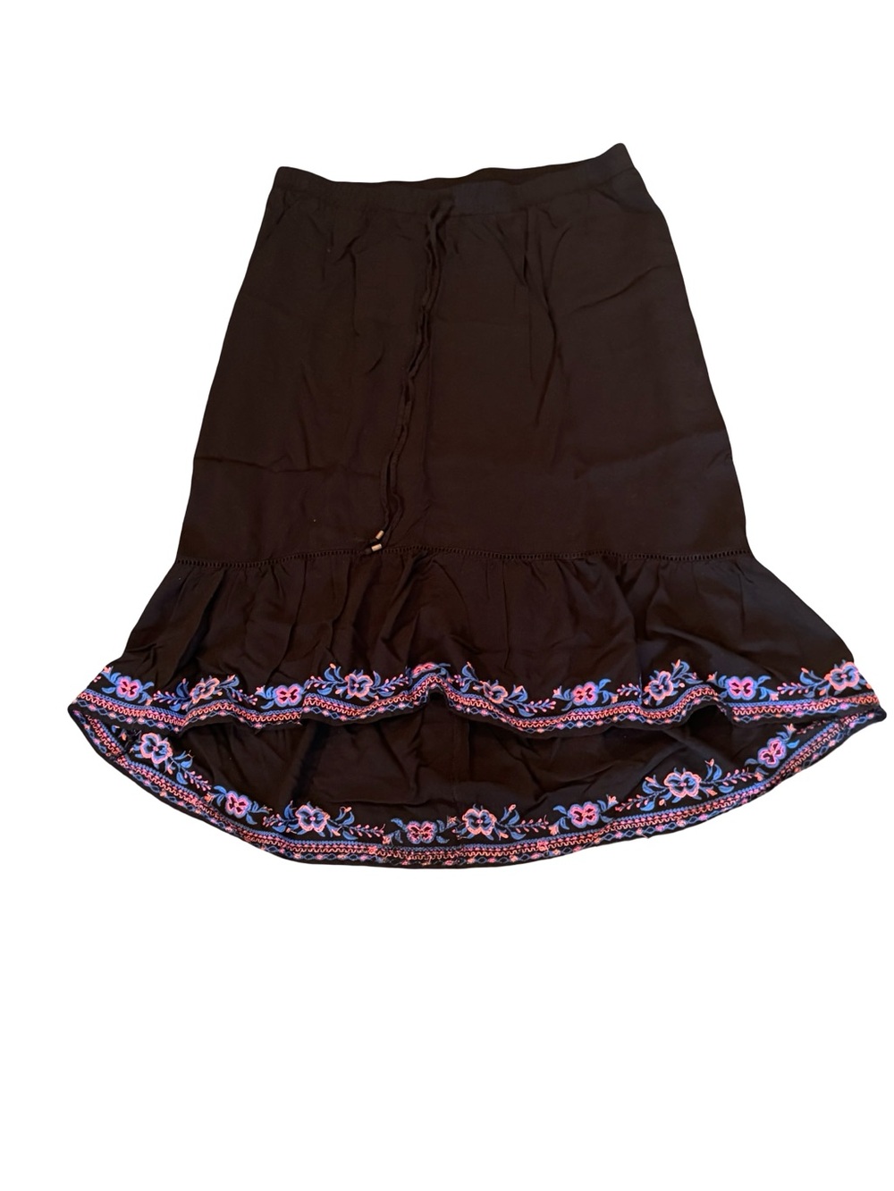 Black Embroidered Ruffle Hem Women's Hi-Lo Maxi Skirt